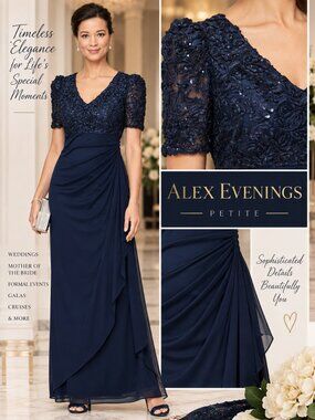 Alex Evenings Petite Navy Rosette Sequin Formal Gown 16P NWT